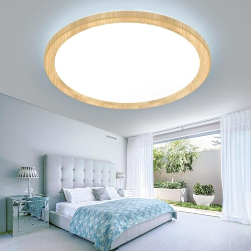 slochi LED Deckenleuchte, 3 Farben Deckenlampe 3000K/4000K/6500K, Rund Flach Holz Badezimmer Lampe Decke Wasserfest, 22CM 18W Klein Deckenlampen für Küche Flur Keller Bad Schlafzimmer