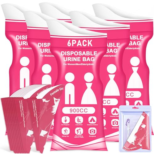 6-Pack 900ml Pink Disposable Urine Bags & 10-Pack Portable Disposable Urinals for Camping Essentials | Leak-Proof Travel Pee Bags with Odor Control for Traffic Jams, Camping, Hiking, Pregnant