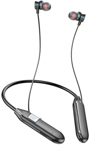 Ignara Neckband Earphones Wireless Bluetooth 5.2 with Mic Magnetic Headset LED Display Type-C Fast Charging Sweatproof Lightweight Headphones for Running Work Travel Gym Sport Black