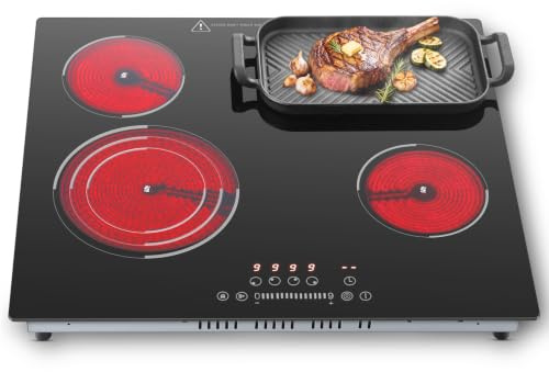 SNDOAS Piano Cottura Vetroceramica 4 Fuochi, 6700W, Zona Ovale & a 3 Anelli
