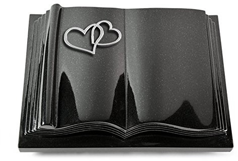 MEMORUM Grabmale Grabbuch, Grabplatte, Grabstein, Grabkissen, Urnengrabstein, Liegegrabstein Modell Antique 40 x 30 x 8-9 cm Indisch-Black-Granit, poliert inkl. Gravur (Aluminium-Ornament Herzen)