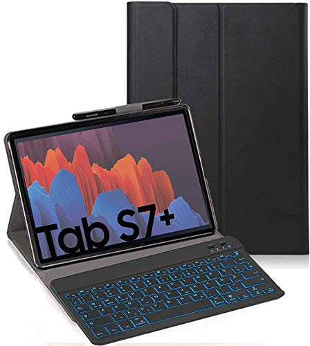 RLTech Tastiera Custodia per Samsung Galaxy Tab S7+, [Italiana Layout] 7 Colori Backlit Tastiera Wireless Con Custodia Protettiva Per Samsung Galaxy Tab S7+ 12.4 T970/975/976 2020, Nero