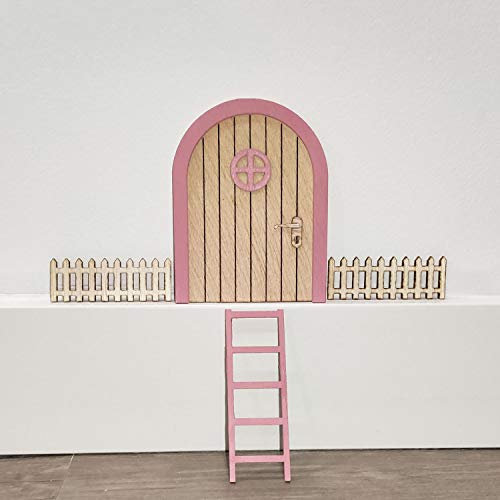 Kit Puerta Ratoncito Pérez de Madera color Rosa| Puerta Mágica con Escalera y Vallas | Regalo Ideal Infantil de Madera | Lulamuk
