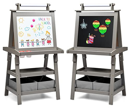 RELAX4LIFE Chevalet pour Enfants 3 en 1 avec Plateau Double Faces Noir et Blanc avec 2 Étagère de Rangement, Tableau Magnétique avec Accessoires Complets, 59X50X117 CM, Marron/Vert/Gris (Gris)