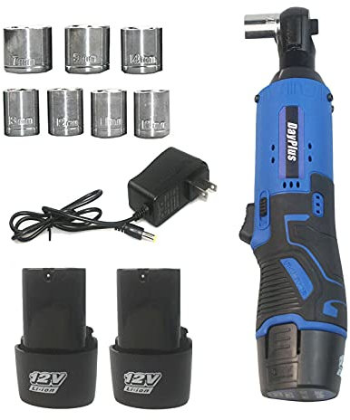 DayPlus 3/8 Inch Cordless Ratchet Wrench 12V Impact Cordless Ratchet Wrench with 2pcs 1500mAh Lithium-lon Batteries & 1pc Fast Charger 7 Scockets Built in LED 365 in-lbs Torque