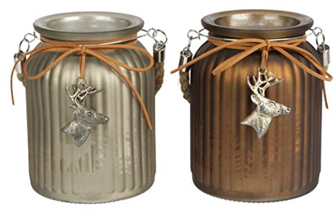 Nordstern Windlicht 'Hirsch mit Seilhenkel' 2er Set - Ø 11 x 14,5 cm