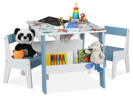 Relaxdays Kindersitzgruppe mit 2 Stühlen Mesa y Sillas Infantiles Estantes Perros, Mesita, 2 Asientos, Muebles Niños, Almacenaje y Pizarra, Multicolor, Tablero de Fibras, 51 x 60 x 60 cm Aprox