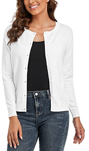 CUNYI Cardigan Donna Maglia con Bottoni Girocollo Classico Manica Lunga Giacca Cappotto Elegante, Bianco S