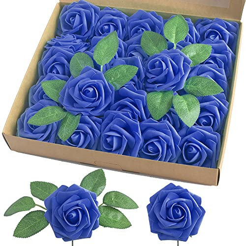 homEdge Rose artificiali, 25 pezzi, fiori artificiali in schiuma con stelo per decorazioni domestiche, bouquet di nozze, feste, certerpiece, anniversari, blu reale