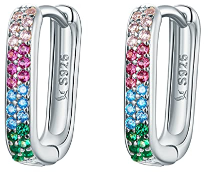 Aro de Pendientes Pequeños Cuadrados de Arcoíris de Plata de Ley para Mujer - Qings Mini Aros Multicolores Cuadradas Rectangulares Forma de U con Circonitas Cúbicas Coloridos para Niñas Adolescentes