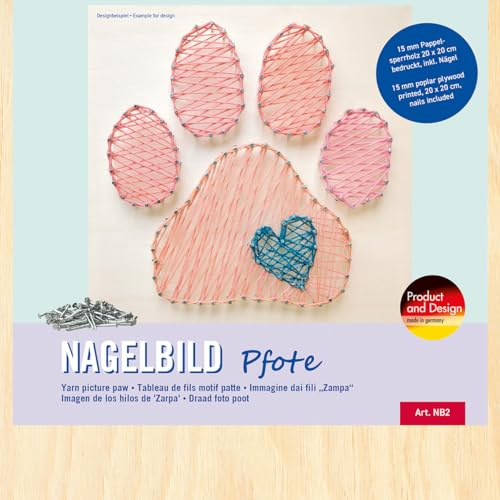 Pebaro NB2 Nagelbild Kreativ Set, Bastelset, Fadenbild, Fadenspannbild, String Art, mit vorgedrucktem Motiv Pfote, Hund, inkl. Nägel, Basteln mit Holz, kreative Geschenkidee, Dekoartikel, 20 x 20 cm