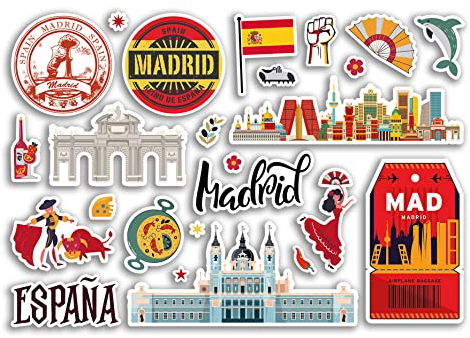 A5 Aufkleberbogen Madrid Vinyl Aufkleber - Spanien Sehenswürdigkeiten Urlaub Stempel Sommer Karte Flagge Reise Stadt Gepäck Scrapbooking #79036