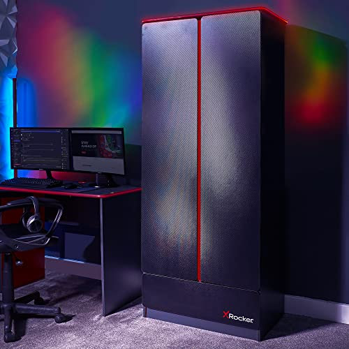 X-Rocker Carbon-Tek Black 2 Door 1 Drawer Wardrobe with Ambient Customisable RGB Lighting Hanging Bar, Wooden Clothes Storage Cupboards Unit for Kids Bedroom Furniture - GREY/RED