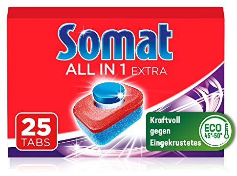 Somat All in 1 Extra Dishwasher Tabs (25 Tabs), Dish Rinse Tabs for Radiant Cleanliness Even at Low Temperatures, Fight Even Encrusted Residues