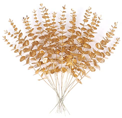 Toripor 20 Stück Künstliche Eukalyptus Zweige, 38CM Fake Eukalyptus Pflanze Blumendeko, Künstliche Pflanzen Trockenblumen Deko für Hochzeit Party Zuhause Garten Tisch Blumen Vasen - Gold