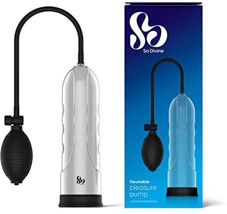So Divine Pleasure Pump – Penis Pump with Quick Release Valve for Controlled Pressure Management- 8-inch Ruler Guide – Silicone Entrance Offers Skin Safe Cushioning and an airtight Seal.