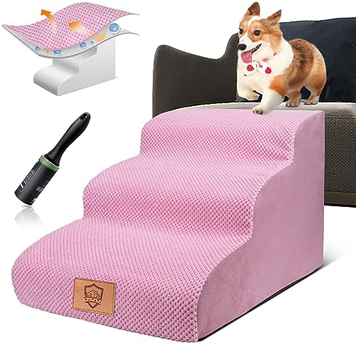 HEVOL Hundetreppe für Kleine Hunde, Haustiertreppe für Couch aus Hochdichtem Schwamm, Rutschfestem Hunde Treppe mit Waschbarem Bezug, Hunderampe für Bett und Sofa, 60x40x40cm, Rosa