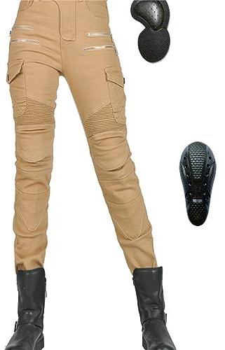 Pantalones Moto Mujer, Con Rodilleras Extraíbles, Protectores Cadera, Pantalones Vaqueros Protectores Moto Para Mujer, Pantalones Carreras Motocross Con Armadura Elástica (Khaki,M)