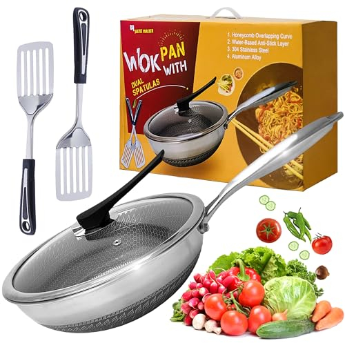Sizzle Master Edelstahl-Wokpfanne und antihaftbeschichtete Bratpfanne, Wok mit Glasdeckel und Doppelpfannenwender, antihaftbeschichtet und ofenfest, Wabenstruktur, Allherd-kompatibel mit 27,9 cm und