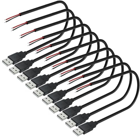VISSQH 10 Piezas USB Macho Plug, Conector de Soldadura, 2 Pin Cable Desnudo Conector, Pigtail Cable Para Equipo Instalado o Reparación de Reemplazo de Bricolaje (30cm)
