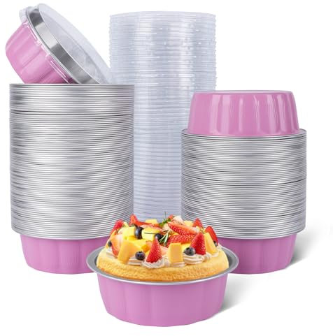 Beasea Lot de 120 ramequins de 236,8 g avec couvercles, 10,2 cm, jetables, en feuille d'aluminium rose, pour crème brûlée, petits moules à tarte, cupcakes, tarte, moules individuels - Passe au four