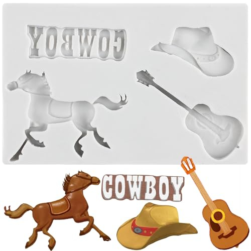 MINFEIDMS Moule en silicone en forme de cheval, guitare, chapeau de cowboy occidental, moules à chocolat pour décoration de gâteaux en sucre, décoration de cupcakes, pâte à sucre en polymère