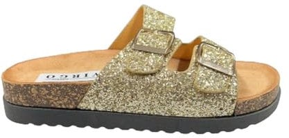 VIRGO FIRENZE Ciabatte Donna doppia Fascia e Fibbie regolabili Sandali con Suola platform versatili per tutte le occasioni, brillantino oro, 38