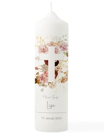 Personalisierte Taufkerze Kreuz Floral Gold – Elegante Taufkerzen für Mädchen & Jungen mit Name, Datum & Spruch I Hochwertige Taufe Kerze als einzigartiges Erinnerungsstück