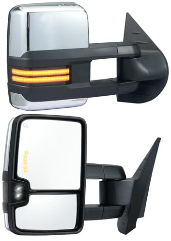 VEVOR Espejo Plata de Remolque Calefacción Eléctrica con Luz de Señal, 2 piezas, Control Manual Telescópico Plegable Descongelación de Calefacción para Chevrolet Silverado(2007-2014), GMC, Cadillac