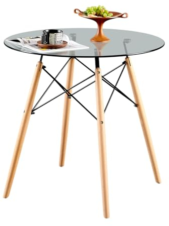 DORAFAIR Esstisch aus Gehärtetem Glas, Moderner Nordischer Runder Küchen- oder Couchtisch, Holzbeine, Rauchgrau Halbtransparent