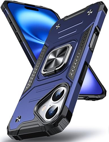 DASFOND Armor Hülle für iPhone 16 Case, Stoßfeste Militär Handyhülle [Upgrade 2.0] 360 Grad Metall Ring Halter Ständer Schutzhülle [mit Auto-Magnet], Blau