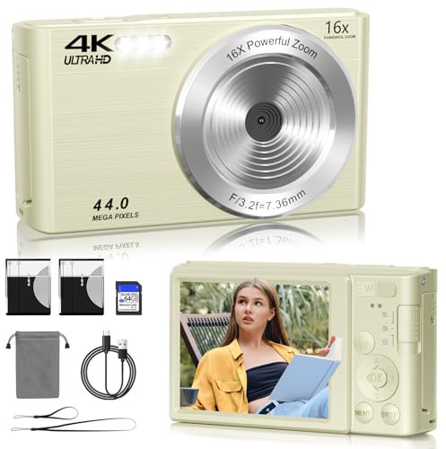 44MP FHD 4K Autofocus Kids Camera with 16x Zoom, Compact Point and Shoot Camera for Kids with 64GB SD Card, 2 Batteries, Simple Small Digicam for Teens (Cream)