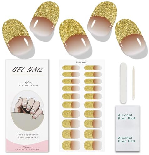 JMEOWIO Gel Nail Stickers Gold Glitter French Tip Semi Cured Gel Nail Strips Wraps UV/LED Nail Supplies Nail Art Design Decoration Accessories