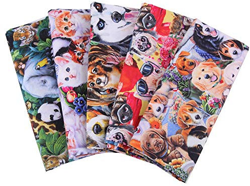 BrightGlow Baumwollstoff Patchwork Stoffe 5 Stück DIY Baumwoll Cartoons Gedruckt Craft Stoffe Tiere Stoff für Kinder Animal Print mit Hunde Motiven Bedruckte Stoff Patchwork für DIY Nähen 25x25cm