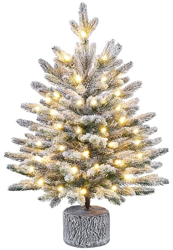 Yaheetech 68 cm Mini Künstlicher Weihnachtsbaum mit Schnee, Eingetopfter Tannenbaum mit 35 LEDs in Warmweiß und 262 Spitzen, Schneebedeckter Beflockter Kleiner Christbaum
