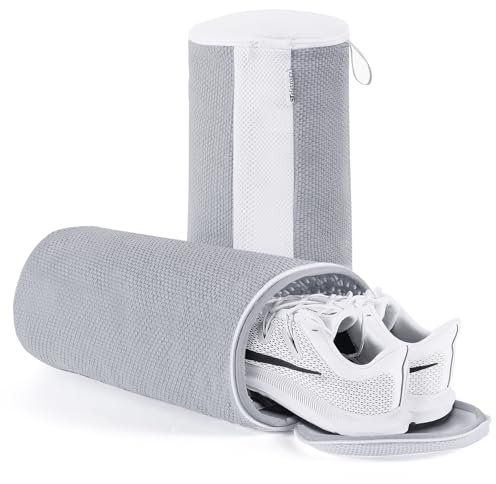 Teletrogy Lot de 2 Sac Lavage Chaussures Microfibre, Réutilisable Housse Nettoyage Chaussure Machine Sacs à Linge avec Fermeture Éclair Sacs de Blanchisserie pour Baskets, Grande Taille 32x18cm, Gris