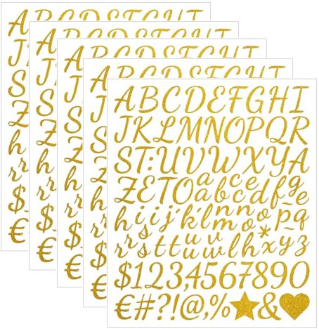 LunarCharm 5 sheets of alphabet number stickers gold 2.5 cm small, self-adhesive vinyl sticker set with letters and numbers, for letterbox, water bottle, scrapbook