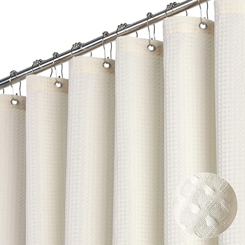 BTTN Duschvorhang Waffel 180x200 cm, Anti-Schimmel Schwere wasserdichte Stoff Textile Duschvorhang mit 12 Haken, Moderner Waschbar Dicke Dekorative Polyester Duschvorhänge für Badezimmer, Beige/Creme