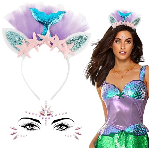 BOOMTOP Haarreif Meerjungfrau mit Flossen Pailletten Haarreif Karneval Fasching Meerjungfrauen Kostüm Glitzer Haarschmuck Schwanzflosse Damen mit Edelsteine Aufkleber Geischt Glitzersteine Blau Lila
