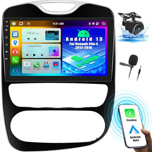OiLiehu 4+64G 8 Core Android 13 2 DIN Radio Carplay Android Auto para Renault Clio 4 2012-2018 Pantallas para Coches 10.1 Pulgadas con Bluetooth GPS FM RDS WiFi SWC DSP/EQ + Cámara de Visión Trasera