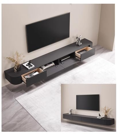 Meuble TV Suspendu Bois Massif Noir, Meuble TV Murale 180 cm, Console TV Flottante, Moderne Console Multimédia de Divertissement Murale, Grand Banc de Rangement pour TV pour Salon (Noir, 140cm)