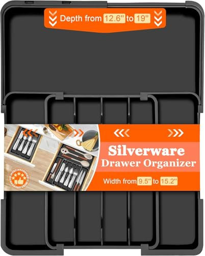 XIAOMAIDAM Silverware Organizer Expandable Utensil Drawer Organizer Adjustable Silverware Drawer Organizer, Flatware Cutlery Silverware Tray for Spoons Forks Knives Kitchen Organizers Storage,Black