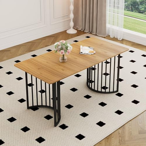 Esstisch für 4-6 Personen, 140x80cm, moderner Küchentisch mit Tischplatte aus Holz und Kreative Metallbeinen, Rechteckig Esszimmertisch, verstellbare Beine, für Esszimmer, Küche, Natur + Schwarz