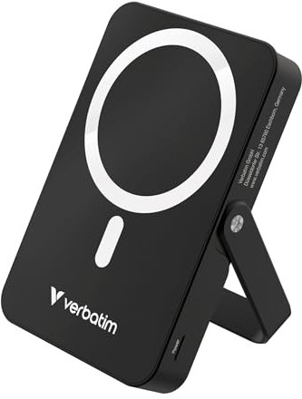 Verbatim Charge 'n' Go MagSafe Powerbank 10.000mAh Schwarz 15W magnetisch, PD 20W Schnellladen, LED-Anzeige, Ständer klappbar, Glasoberfläche, für iPhone 16/15/14/13/12 Pro/Pro Max – inkl. USB-C Kabel