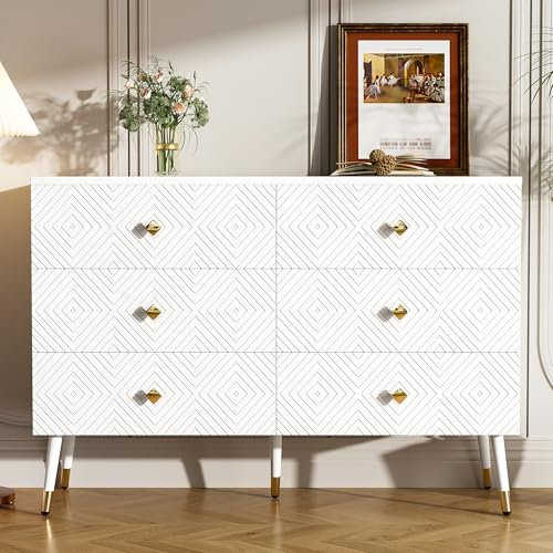 Wyibwy Aparador de cocina con 6 cajones y amplio espacio para guardar objetos, cajonera blanca con motivos geométricos y pomos de diamante, aparador salón 120 x 40 x 80 cm, para salón, comedor