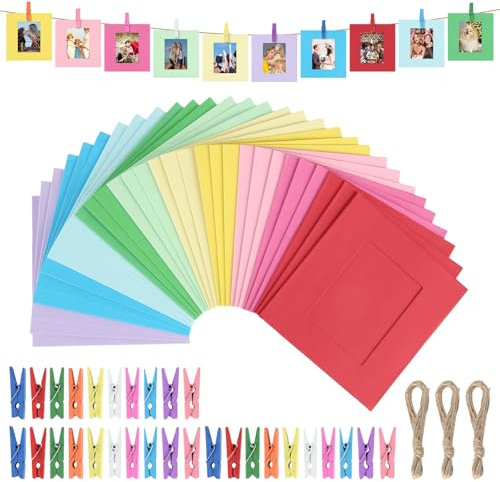 kayqbonke 30 Stück Papier Fotorahmen, 9 * 9,5cm Bilderrahmen Bunt, Fotogirlande zum Aufhängen mit Holzklammern Klein und Hanfseil für Zuhause, Büro, Schule Wand Dekoration (10 Farben)
