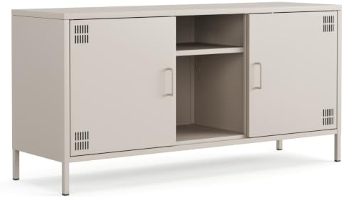 furni24 Metall TV-Schrank – Retro TV Lowboard – Möbel mit Türen und verstellbaren Ablagen – Leicht zu reinigen – Robuste und stilvolle Aufbewahrungslösung für das Wohnzimmer- mit 3 Regalen, Beige