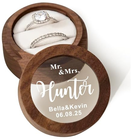 EDSG Personalised Wedding Ring Box for 2 Rings, Engraved Engagement Ring Bearer Box, Personalised Wedding Day Gifts for Girl Him Anniversary Proposal (White, Design 4)