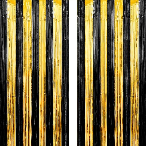 Black and Gold Tinsel Backdrop Metallic Foil Fringe Curtain Streamers | 2Pcs 3.3 x 8.2ft for Photo Booth Backdrop, Halloween Party Decorations, Graduation Prom, Twilight Birthday Decorations