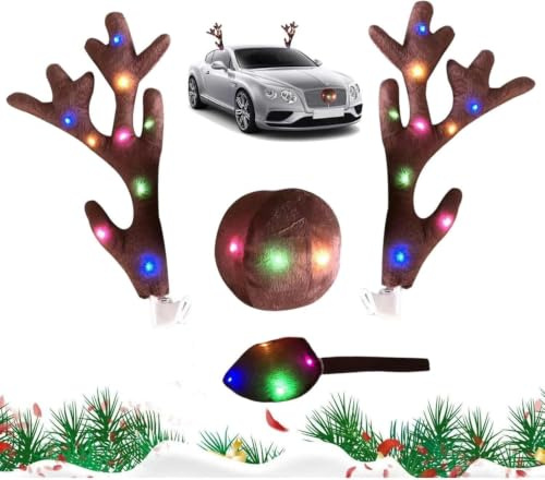 Rentier Auto Set, Rentier Auto Set mit Farbe LED Licht für Weihnachten | Plüsch Geweih Schwanz und Nase, Rudolph Rentier für Autozubehör für Autos, LKW, Züge, SUV Usw